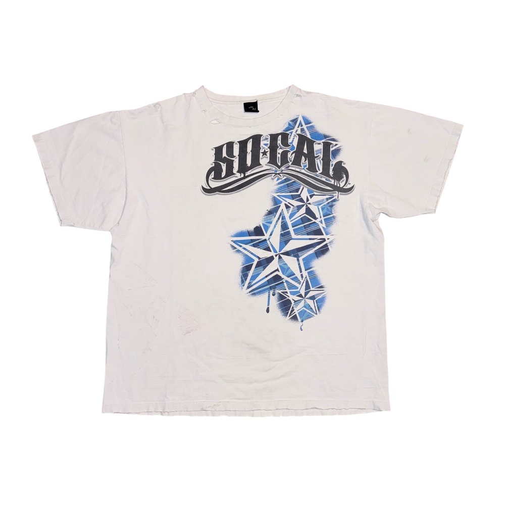 Vintage No Fear SoCal Graphic T-Shirt Mens White Blue Stars Distressed Y2K Skate